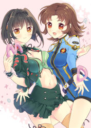  2girls :d akemi_akatsuki black_hair breasts brown_hair cleavage cleavage_cutout closed_mouth clothing_cutout cowboy_shot eri. frills hair_intakes highres katia_grineal medium_breasts middle_part multiple_girls navel open_mouth orange_eyes pale_skin pink_background smile split_mouth straight_hair super_robot_wars thighhighs yellow_thighhighs 