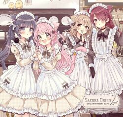  4girls :d :o animal animal_ear_fluff animal_ears apron bell bird black_eyes black_hair blush bow braid brown_dress brown_eyes brown_hair brown_pantyhose cat_ears cat_girl cat_hair_ornament cat_tail chick collared_dress commentary_request dress frilled_apron frills fushigi_na_neko_no_machi_meltier green_eyes grey_dress hair_between_eyes hair_ornament hair_over_one_eye hairclip hat highres holding_hands indoors interlocked_fingers jingle_bell juliet_sleeves long_hair long_sleeves maid maid_apron maid_headdress makia_(fushigi_na_neko_no_machi_meltier) mob_cap moco_(fushigi_na_neko_no_machi_meltier) multiple_girls nagi_(fushigi_na_neko_no_machi_meltier) open_mouth pantyhose parted_lips pink_hair puffy_sleeves red_eyes red_hair rucora_(fushigi_na_neko_no_machi_meltier) sakura_oriko smile striped_clothes striped_pantyhose tail tail_bell tail_bow tail_ornament twintails two_side_up vertical-striped_clothes vertical-striped_pantyhose very_long_hair waitress white_apron white_bow white_hat x_hair_ornament 
