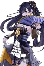  1girl absurdres bellona_(epic_seven) black_garter_straps blue_hair breasts commentary detached_sleeves double_bun dress dress_tug earrings epic_seven garter_straps green_eyes hair_bun hand_fan highres holding holding_fan jewelry long_hair looking_at_viewer medium_breasts solo thighs transparent_background yunareas 