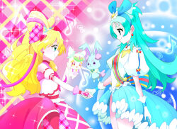  0dm3855p09p3y9a 4girls absurdres blonde_hair blue_eyes bow crossover cure_idol earrings fairy gloves hair_bow handshake highres jewelry kimi_to_idol_precure magical_girl multiple_girls precure princess_ripple princession_orchestra purirun_(precure) rabbit sakura_uta_(precure) season_connection sorano_minamo white_gloves 