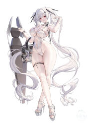  1girl absurdres bag black_choker blush bodysuit breasts choker cinderella_(nikke) cleavage clothing_cutout commentary crossed_legs dress full_body goddess_of_victory:_nikke groin hair_ornament hair_over_one_eye high_heels highleg highleg_leotard highres jewelry large_breasts leotard long_hair looking_at_viewer navel red_eyes see-through_clothes short_dress shoulder_bag simple_background skindentation solo subong sunglasses symbol-only_commentary thighlet twintails very_long_hair white_background white_bodysuit white_dress white_hair 