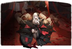  5girls absurdres azur_lane bite_mark black_dress breasts brown_hair brown_thighhighs chair cleavage curly_hair cushion dress flower garter_straps hair_flower hair_ornament highres large_breasts licking_lips long_dress luetzow_(azur_lane) luetzow_(everlasting_blood_banquet)_(azur_lane) medium_hair mirror multiple_girls nightgown non-web_source official_alternate_costume official_art red_eyes red_flower red_rose revision rose seiza side_slit sitting souji_hougu spaghetti_strap stuffed_animal stuffed_toy teddy_bear thighhighs tongue tongue_out transparent_background unconscious vampire white_dress white_hair 