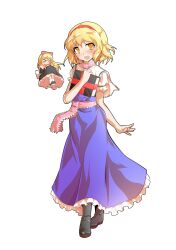  1girl alice_margatroid alphes_(style) bare_arms black_boots blonde_hair blue_dress blush book boots capelet commentary_request dairi doll dress frilled_dress frilled_sleeves frills full_body hair_between_eyes hairband hand_up highres holding holding_book jewelry large_variant_set parody puffy_short_sleeves puffy_sleeves red_hairband ring shanghai_doll short_hair short_sleeves solo standing style_parody tachi-e thumb_ring touhou transparent_background variant_set white_capelet 