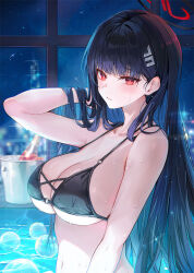  1girl :/ adjusting_hair alcohol alternate_costume arm_up bare_arms bare_shoulders bikini black_bikini black_hair blue_archive blush breasts bright_pupils bubble bucket champagne_bottle cleavage closed_mouth collarbone commentary from_side funii hair_behind_ear hair_between_eyes hair_flowing_over hair_lift hair_ornament hairclip halo halterneck hand_in_own_hair hands_in_own_hair highres ice_bucket indoors large_breasts long_hair looking_at_viewer navel night night_sky o-ring o-ring_bikini o-ring_top partially_submerged pool red_eyes revision rio_(blue_archive) sideboob sky solo sparkle star_(sky) string_bikini swimsuit underboob underwater upper_body very_long_hair water wet window 