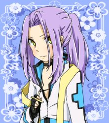  1boy arch_bishop_(ragnarok_online) black_choker black_gloves blue_background blue_coat blush choker closed_mouth coat commentary_request cropped_jacket cross cross_necklace fingerless_gloves gloves holding holding_jewelry holding_necklace jacket jewelry long_hair long_sleeves looking_at_viewer lowres male_focus meiko_(nattu303) necklace ponytail purple_hair ragnarok_online solo upper_body v-shaped_eyebrows white_jacket yellow_eyes 