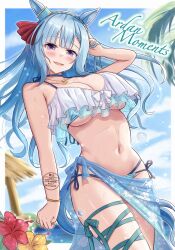  1girl absurdres alternate_costume animal_ears bikini blue_hair blurry blurry_background blush breasts cleavage collarbone english_text frilled_bikini frills hair_between_eyes hair_ornament highres horse_girl jewelry large_breasts looking_at_viewer mejiro_ardan_(umamusume) navel necklace ocean palm_tree rio_(lio_yuzu) ruffle_bikini sky swimsuit tree umamusume 