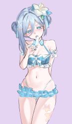  1girl absurdres bikini black_survival blue_bikini blue_eyes breasts cleavage df183604 double_bun eternal_return:_black_survival flower food frills hair_bun hair_flower hair_ornament highres ice_cream navel open_mouth simple_background standing swimsuit tagme vanya_(black_survival) vanya_(summer_dream)_(black_survival) white_hair 