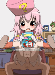  1boy 1girl ? alarm_clock bedroom benesse blush cape censored clock clothes_lift desk dress dress_lift fang girl_on_top gloves hat hatena_yousei hetero indoors legs_up loli long_hair mosaic_censoring nonohito on_chair open_mouth penis pink_hair pussy red_eyes sex shelf shoes sitting spread_legs toy vaginal 