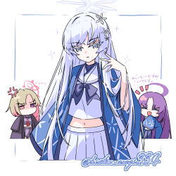  3girls absurdres anger_vein ayame_(blue_archive) blue_archive blue_bow blue_bowtie bow bowtie brown_hair chibi closed_eyes commentary_request grey_eyes hair_ornament halo hand_up haori heterochromia highres hisokuasagi334 japanese_clothes long_hair looking_at_viewer multiple_girls nagusa_(blue_archive) navel notice_lines open_mouth parted_lips pleated_skirt purple_hair school_uniform shirt skirt solo_focus sparkle translation_request twitter_username very_long_hair white_background white_hair white_shirt white_skirt yukari_(blue_archive) 