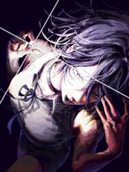  1girl arms_up bh20647 blush breasts chainsaw_man choker flashing green_eyes grenade_pin hair_between_eyes head_tilt highres medium_breasts messy_hair open_mouth purple_hair reze_(chainsaw_man) ribbon shirt short_hair simple_background sleeveless sleeveless_shirt upper_body white_shirt 