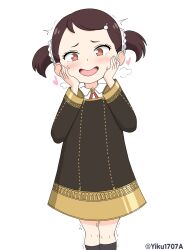  1girl :d absurdres becky_blackbell black_socks blush bomb_hair_ornament brown_eyes brown_hair collared_shirt commentary cowboy_shot dress eden_academy_school_uniform hair_ornament hair_scrunchie hands_on_own_cheeks hands_on_own_face heart heart-shaped_pupils highres kneehighs long_sleeves looking_at_viewer open_mouth school_uniform scrunchie shirt short_hair short_twintails smile socks solo spy_x_family standing sweatdrop symbol-shaped_pupils trembling_legs twintails twitter_username white_background white_scrunchie white_shirt yiku1707 