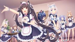  6+girls :3 :d :o animal_ear_fluff animal_ears apron arm_up azuki_(nekopara) bell blonde_hair blue_bow blue_eyes blue_hair blush bow breasts brown_hair brown_tail cat_ears cat_girl cat_tail chair chocola_(nekopara) cinnamon_(nekopara) closed_eyes coconut_(nekopara) door fake_animal_ears fern fishnet_pantyhose fishnets game_cg green_bow green_eyes green_shoes hairband heterochromia high_heels highres large_breasts logo long_hair looking_at_viewer looking_to_the_side maid maid_apron maid_headdress maple_(nekopara) medium_breasts minazuki_shigure multiple_girls neck_bell nekopara non-web_source official_art open_mouth orange_bow orange_eyes pantyhose pink_bow puffy_short_sleeves puffy_sleeves purple_bow purple_eyes purple_hair purple_tail red_shoes sayori_(neko_works) shoes short_sleeves sitting small_breasts smile tail twintails vanilla_(nekopara) very_long_hair white_hair white_tail 