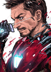 1boy armor avengers_(series) beard black-framed_eyewear brown_eyes brown_hair clip_studio_paint_(medium) closed_mouth commentary english_commentary facial_hair from_side highres holding holding_removed_eyewear ikuchan_kaoru iron_man iron_man_(series) male_focus marvel marvel_cinematic_universe mustache no_headwear nose realistic red_armor robert_downey_jr. science_fiction short_hair smile solo tony_stark unworn_eyewear v-shaped_eyebrows white_background 
