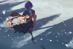  1boy armor fire fire_emblem fire_emblem:_three_houses fire_emblem_warriors:_three_hopes from_behind highres male_shez_(fire_emblem) messy_hair nintendo purple_hair saneyoshiii7 snow snowflakes snowing walking 