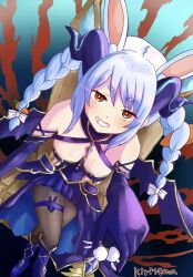  1girl animal_ear_fluff animal_ears bare_shoulders boots border bow braid breasts brown_pantyhose carrot_hair_ornament commentary_request crossed_legs demon_girl demon_horns demon_wings dress elbow_gloves food-themed_hair_ornament gloves grin hair_bow hair_ornament highres hololive horns kiritoma knee_boots long_hair looking_at_viewer pantyhose pekomon_(usada_pekora) purple_boots purple_dress purple_gloves purple_wings rabbit_ears signature sitting small_breasts smile solo_focus throne twin_braids twintails usada_pekora very_long_hair virtual_youtuber white_border wings 