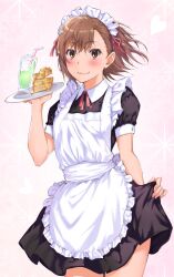  1girl alternate_costume apron asymmetrical_bangs black_dress brown_eyes brown_hair commentary_request dress enmaided frilled_apron frills highres holding holding_tray looking_at_viewer maid maid_apron maid_headdress medium_hair misaka_mikoto puffy_short_sleeves puffy_sleeves short_sleeves simple_background sioo_1029 smile solo toaru_kagaku_no_railgun toaru_majutsu_no_index tray waist_apron white_apron 