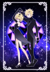 1boy 1girl black_dress black_gloves black_tailcoat blonde_hair collared_halterneck commentary dress elbow_gloves full_body genderswap genderswap_(ftm) gloves halterneck hashtag-only_commentary heart high_heels highres looking_at_viewer purple_eyes short_hair sparkle sugar_sugar_rune symbol-only_commentary tiara vanilla_mieux yuzikoz_mega 