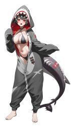  1girl absurdres animal_costume ayoni_623 barefoot bikini black_bikini black_choker black_hair candy choker commentary_request ellen_joe feet fins fish_tail food full_body highres holding holding_candy holding_food holding_lollipop lollipop multicolored_hair nail_polish navel navel_piercing onesie open_clothes partially_unbuttoned piercing red_eyes red_hair shark_costume shark_girl shark_tail sharp_teeth short_hair simple_background solo stomach swimsuit tail teeth toenail_polish toenails toes two-tone_hair white_background zenless_zone_zero  rating:Sensitive score:44 user:danbooru