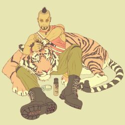  1boy black_boots boots brown_background closed_mouth far_cry far_cry_3 full_body green_pants grooming highres lap_pillow looking_at_animal male_focus pants rdrm simple_background sitting smile solo tiger vaas_montenegro 