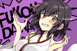  1girl black_hair blush breasts clenched_teeth kantai_collection looking_at_viewer purple_background red_eyes samekatekika short_hair solo teeth twitter_username wide_sleeves yamashiro_(kancolle) 