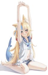  1girl :3 absurdres ahoge animal_ear_fluff animal_ears armpits arms_up barefoot bikini bikini_under_clothes blonde_hair blue_bikini blue_bow blue_eyes blue_hair blue_sailor_collar blunt_bangs bow cat_ears commentary dress fang fins fish_girl fish_tail frilled_bikini frilled_bikini_top frilled_sailor_collar frills full_body hair_bow hashtag-only_commentary highres indie_virtual_youtuber lifebuoy_hair_ornament long_hair looking_at_viewer low_twintails multicolored_hair navel one_side_up outstretched_arms sailor_collar sailor_dress sameko_saba samukzz short_shorts shorts simple_background sitting sleeveless sleeveless_dress solo streaked_hair stretching swimsuit tail twintails unbuttoned very_long_hair virtual_youtuber white_background white_dress white_hair white_shorts 