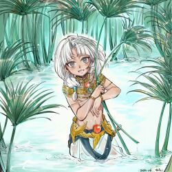  1boy absurdres ahoge bracelet dark-skinned_male dark_skin dated fate/grand_order fate_(series) grey_eyes grey_hair highres jewelry long_hair male_focus no_headwear scarab signature tutankhamun_(fate) wading water wet yxf68586108 
