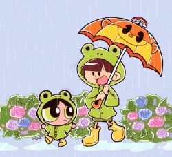  2girls animal_hood artist_name black_hair boots brown_hair buttercup_(ppg) cartoon_network codename:_kids_next_door commentary crossover danishi english_commentary flower frog_hood frog_raincoat green_eyes holding hood hood_up long_sleeves multiple_girls numbuh_3 open_mouth powerpuff_girls puddle rain rainbow_monkey raincoat rubber_boots short_hair simple_background smile umbrella yellow_boots 