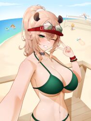  5girls absurdres ball beach beach_volleyball bikini black_choker blonde_hair blue_sky breasts choker day dokibird dooby_(vtuber) drey525 green-tinted_eyewear green_bikini green_eyes highres indie_virtual_youtuber large_breasts mint_fantome multiple_girls navel nimi_nightmare nimi_nightmare_(lifeguard) ocean official_alternate_costume official_alternate_hairstyle outdoors ponytail sameko_saba sand sky swimsuit tinted_eyewear v virtual_youtuber volleyball_(object) volleyball_net 