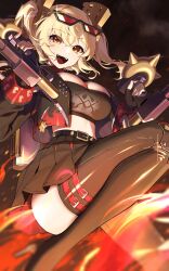  1girl absurdres black_gloves black_jacket black_skirt black_thighhighs blonde_hair breasts burnice_white cleavage commentary_request crop_top eyewear_on_head fire flamethrower gloves high-waist_skirt highres holding holding_flamethrower holding_weapon jacket large_breasts looking_at_viewer open_mouth orange_eyes revision sbgu short_hair skirt smile sunglasses thighhighs tinted_eyewear twintails weapon zenless_zone_zero 