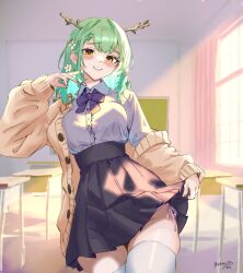  1girl black_skirt blush breasts buttons ceres_fauna ceres_fauna_(jirai_kei) classroom clothes_lift cowboy_shot flower green_hair hair_branch hair_flower hair_ornament high-waist_skirt highres holocouncil hololive hololive_english indoors large_breasts lifting_own_clothes long_hair mole mole_under_eye off_shoulder official_alternate_costume open_mouth panties panty_peek pennylessmac pleated_skirt ribbon shirt side-tie_panties skirt skirt_lift smile solo thighhighs underwear virtual_youtuber white_shirt white_thighhighs yellow_eyes zettai_ryouiki  rating:Questionable score:16 user:1127V