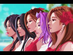  5girls alcohol-free_(twice) blue_hair blurry blurry_background brown_eyes chaeyoung_(twice) dress expressionless eyeshadow flower from_side hair_flower hair_ornament highres jihyo_(twice) k-pop letterboxed looking_down makeup mina_(twice) mole mole_under_mouth multicolored_hair multiple_girls open_mouth parted_lips purple_eyes purple_hair real_life red_dress red_eyes red_eyeshadow red_flower red_lips retsu_(retsudraws) sana_(twice) shirt sleeveless sleeveless_shirt smile streaked_hair twice_(group) tzuyu_(twice) white_dress white_shirt 