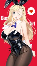  1girl animal_ear_hairband animal_ears ascot black_leotard black_pantyhose blonde_hair blue_ascot blue_eyes breasts cleavage cowboy_shot curvy detached_collar fake_animal_ears finger_to_mouth hairband hataraki_kuma heart highres large_breasts leotard long_hair original pantyhose playboy_bunny rabbit_ears rabbit_tail red_background side-tie_leotard solo spoken_heart strapless strapless_leotard swept_bangs tail text_background thick_thighs thighs v wrist_cuffs zipper_pull_tab 