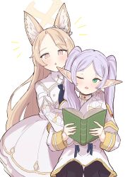  2girls :&lt; absurdres animal_ear_fluff animal_ears aqua_eyes black_pantyhose blue_archive blunz book dress elf frieren highres holding holding_book long_hair multiple_girls notice_lines one_eye_closed open_book open_mouth pantyhose pink_eyes pink_hair pointy_ears seia_(blue_archive) short_eyebrows simple_background sitting sousou_no_frieren standing thick_eyebrows triangle_mouth twintails white_background white_hair 