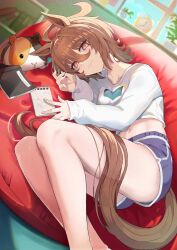  1girl agnes_tachyon_(umamusume) ahoge alarm_clock animal_ears bean_bag_chair bookshelf brown_hair casual clock feet_out_of_frame guinea_pig hair_between_eyes highres horse_ears horse_girl horse_tail jewelry long_sleeves lying medium_hair midriff_peek notebook okitsugu on_side shirt short_shorts shorts solo stuffed_animal stuffed_toy tail umamusume 