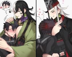  2boys ashiya_douman_(fate) ashiya_douman_(third_ascension)_(fate) asymmetrical_hair between_pecs between_pectorals black_eyes black_gloves black_hair black_hands black_shirt blue_eyes blush border chibi chibi_inset collarbone colored_extremities command_spell constellation_print curly_hair earrings embarrassed eye_print eyeshadow face_between_pectorals fate/grand_order fate_(series) fingernails from_side fujimaru_ritsuka_(male) gloves green_eyeshadow green_kimono green_nails grin hair_between_eyes hand_on_another&#039;s_head hand_on_another&#039;s_shoulder harness hat head_between_pecs heart heian height_difference high_collar japanese_clothes jewelry kimono large_pectorals licking licking_lips long_hair long_sleeves magatama magatama_earrings makeup male_focus multicolored_hair multiple_boys multiple_views muscular muscular_male official_alternate_costume onmyouji pectorals seum_(kao_husband) sharp_fingernails shikigami shirt short_hair simple_background skull_print smile speech_bubble split-color_hair sweatdrop tattoo tattoo_on_hand thought_bubble tongue tongue_out two-tone_hair very_long_hair white_background white_hair yaoi 