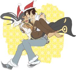  2boys barefoot black_hair blue_pants brown_coat brown_pants carrying coat commentary earrings english_commentary feathered_wings full_body fur-trimmed_pants fur_trim gold_trim grin hat head_wings high_priest_(ragnarok_online) hoop_earrings jewelry long_hair long_sleeves low_ponytail male_focus memoryjoule multicolored_coat multiple_boys open_mouth pants pointy_ears ponytail princess_carry ragnarok_online red_hat santa_hat shirt short_hair sleeveless sleeveless_shirt smile two-tone_coat white_coat white_shirt whitesmith_(ragnarok_online) wings yaoi 