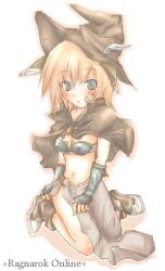  1girl bikini bikini_top_only blonde_hair blue_bikini blue_eyes blue_gloves blush boots breasts brown_boots brown_capelet brown_hat capelet commentary_request copyright_name full_body gloves hat looking_at_viewer mage_(ragnarok_online) medium_breasts midriff navel open_mouth ragnarok_online rylsnow showgirl_skirt sitting solo swimsuit wariza witch_hat 
