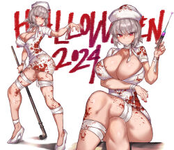  1girl absurdres bandages blood blood_on_clothes blood_on_face blood_on_leg braid braided_ponytail breasts bubble_head_nurse bubble_head_nurse_(cosplay) club_(weapon) cosplay fate/grand_order fate_(series) florence_nightingale_(fate) folded_ponytail full_body grey_hair highres hypodermic_needle large_breasts long_hair looking_at_viewer multiple_views needle nurse pipe radishkek red_eyes silent_hill_(series) smile syringe 