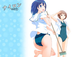  2girls aida_makoto arm_up ass blue_eyes blue_hair brown_eyes brown_hair brush covered_navel frogman_(manga) from_behind izumi_haruka leg_up looking_back multiple_girls one-piece_swimsuit open_clothes open_mouth school_uniform serafuku short_hair swimsuit swimsuit_under_clothes translation_request 