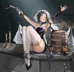  1girl alcohol arm_warmers armpits arms_up barrel bat_(animal) black_arm_warmers black_hair blush breasts candle cleavage closed_eyes coffin collar colt_python cup drinking_glass earrings girls&#039;_frontline gun hair_ornament handgun jewelry large_breasts long_hair mole mole_under_eye open_mouth outstretched_arms python_(beauty_in_the_graveyard)_(girls&#039;_frontline) python_(girls&#039;_frontline) red_wine revolver smile solo spread_arms thighhighs trigger_discipline ventilation_rib weapon wine wine_glass yoyo_(550098) 