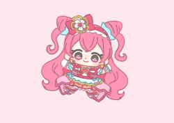  1girl absurdly_long_hair apron back_bow blue_bow blue_scrunchie boots bow bow_apron brooch chibi closed_mouth cone_hair_bun crossed_bangs cure_precious delicious_party_precure dot_nose double_bun earrings eyelashes flower flower_knot fork frilled_footwear frilled_gloves frilled_hairband frilled_skirt frilled_sleeves frills gloves gold_earrings hair_bow hair_bun hair_flower hair_ornament hair_ribbon hair_scrunchie hairband happy heart heart_brooch ichigo_usuhana jewelry knee_boots layered_skirt light_blush long_hair long_skirt looking_at_viewer magical_girl miniskirt mismatched_earrings multicolored_boots nagomi_yui outstretched_arms pink_background pink_boots pink_bow pink_brooch pink_eyes pink_hair pink_hairband pink_ribbon pink_skirt pink_theme pink_thighhighs precure ribbon scrunchie shirt short_sleeves showgirl_skirt simple_background skirt smile solo spoon tareme thighhighs two-tone_boots two_side_up very_long_hair waist_apron wavy_hair white_apron white_boots white_flower white_gloves white_shirt yellow_ribbon yellow_skirt 