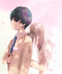 1boy 1girl absurdres book highres kimi_no_suizou_wo_tabetai ohal petals pink_petals shiga_haruki smile yamauchi_sakura 