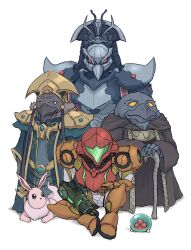  1girl 3boys arm_cannon armor cane chozo highres metroid metroid_(creature) metroid_dread multiple_boys nintendo old_bird power_suit_(metroid) quiet_robe_(metroid) raven_beak_(metroid) red_eyes robe samus_aran wakaba_(wata_ridley) weapon 