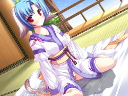  1girl animal_ears bed bedwetting blue_hair character_request female_focus highres indoors japanese_clothes kimono nature panties peeing peeing_self plant purposeful_wetting sky solo source_request striped_clothes striped_panties tabi tail underwear wet wet_clothes wet_panties  rating:Questionable score:58 user:Momo