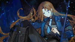  1girl armband armor black_background black_boots black_choker black_pants black_shirt blue_coat blue_eyes blue_jacket blue_necktie boots breastplate brown_hair choker closed_mouth coat collared_shirt constellation e.g.o_(project_moon) english_text highres holding holding_sword holding_weapon jacket limbus_company lobotomy_corporation long_hair long_sleeves looking_at_viewer necktie nishikujic pants parted_bangs project_moon rapier rodion_(project_moon) shirt shoulder_armor shoulder_pads solo star_(sky) sword tattoo teardrop_facial_mark teardrop_tattoo the_sword_sharpened_with_tears_(e.g.o) very_long_hair watermark weapon 