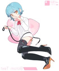  1girl artist_name ass black_boots blue_hair boots brown_eyes chikuwa_fan973 collared_shirt high_heel_boots high_heels highres holding holding_leash leash orange_panties original panties shirt short_hair simple_background solo thigh_boots underwear white_background white_shirt 