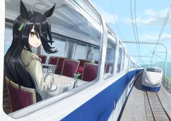  1girl ahoge animal_ears black_hair cable chair coffee ear_tag earrings game_cg hair_between_eyes hair_over_one_eye high-speed_train highres hoiruka_oekaki horse_ears horse_girl jewelry long_hair long_hair_between_eyes looking_down manhattan_cafe_(umamusume) multicolored_hair plate railing railroad_tracks shinkansen shirt single_earring sitting sky solo table train umamusume very_long_hair white_hair yellow_eyes yellow_shirt 