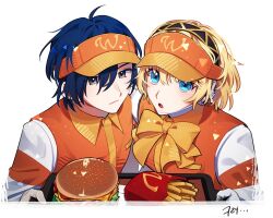 1boy 1girl :o aigis_(persona) alternate_costume blonde_hair blue_eyes blue_hair border bow bowtie burger closed_mouth collared_shirt elulit2 employee_uniform expressionless fast_food fast_food_uniform food frown grey_eyes hair_between_eyes holding holding_tray korean_text long_sleeves looking_at_viewer open_mouth orange_headwear orange_vest persona persona_3 shirt short_hair simple_background translation_request tray upper_body vest visor_cap white_background white_border white_shirt wing_collar yellow_bow yuuki_makoto_(persona_3)  rating:General score:6 user:danbooru