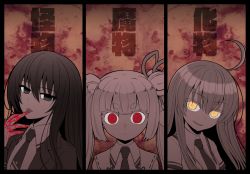  3girls ahoge amou_kirukiru blazer blood blood_on_hands busou_shoujo_machiavellism collared_shirt glowing glowing_eyes grey_eyes hair_between_eyes hair_ribbon hand_up inaba_tsukuyo jacket japanese_clothes licking licking_finger long_hair miko multiple_girls nakamura_hinato necktie open_clothes open_jacket red_eyes ribbon ringed_eyes school_uniform shirt short_eyebrows short_sleeves tamaba_satori thick_eyebrows tongue tongue_out translation_request twintails yellow_eyes 