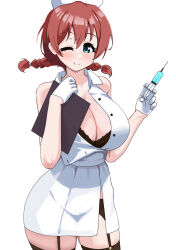  1girl black_bra black_thighhighs blush bra braid breasts cleavage clipboard emma_verde garter_straps gloves green_eyes hat highres holding holding_syringe large_breasts looking_at_viewer love_live! love_live!_nijigasaki_high_school_idol_club nurse nurse_cap one_eye_closed pisagi simple_background smile solo syringe thighhighs twin_braids underwear white_background white_gloves  rating:Sensitive score:4 user:danbooru